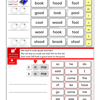 Student Card 23 with a moon book image and reading words with 'oo' patterns and heart words