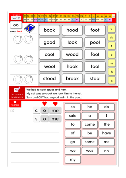 Student Card 23 with a moon book image and reading words with 'oo' patterns and heart words