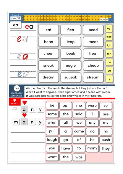 Student card 56 with reading words with 'ea' patterns and heart words