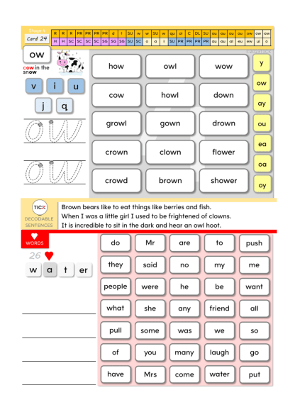 Student card with reading words with 'ow' patterns and heart words