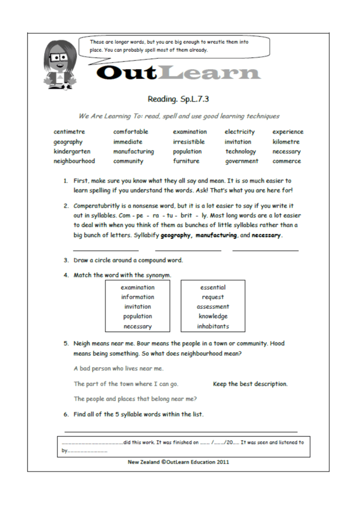 Outlearn Spelling Level 7 worksheet