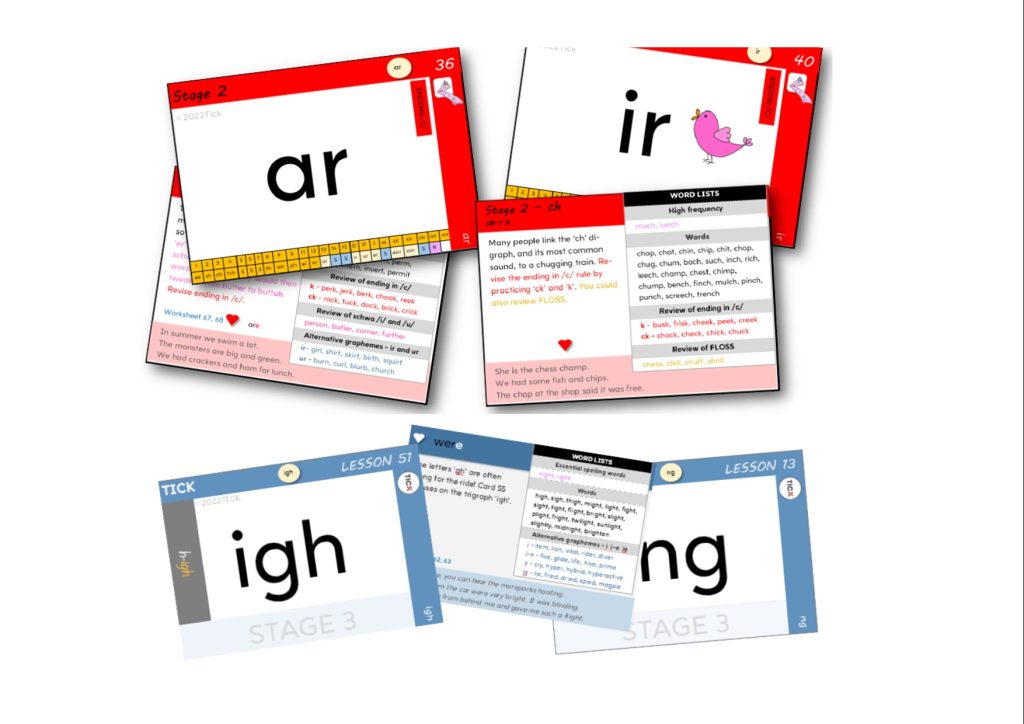 Teaching cards showing graphemes and backs of cards